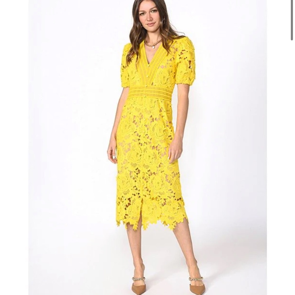 Adelyn Rae Button Front V-Neck Illusion Lace Short Puffed Sleeve Midi Dress